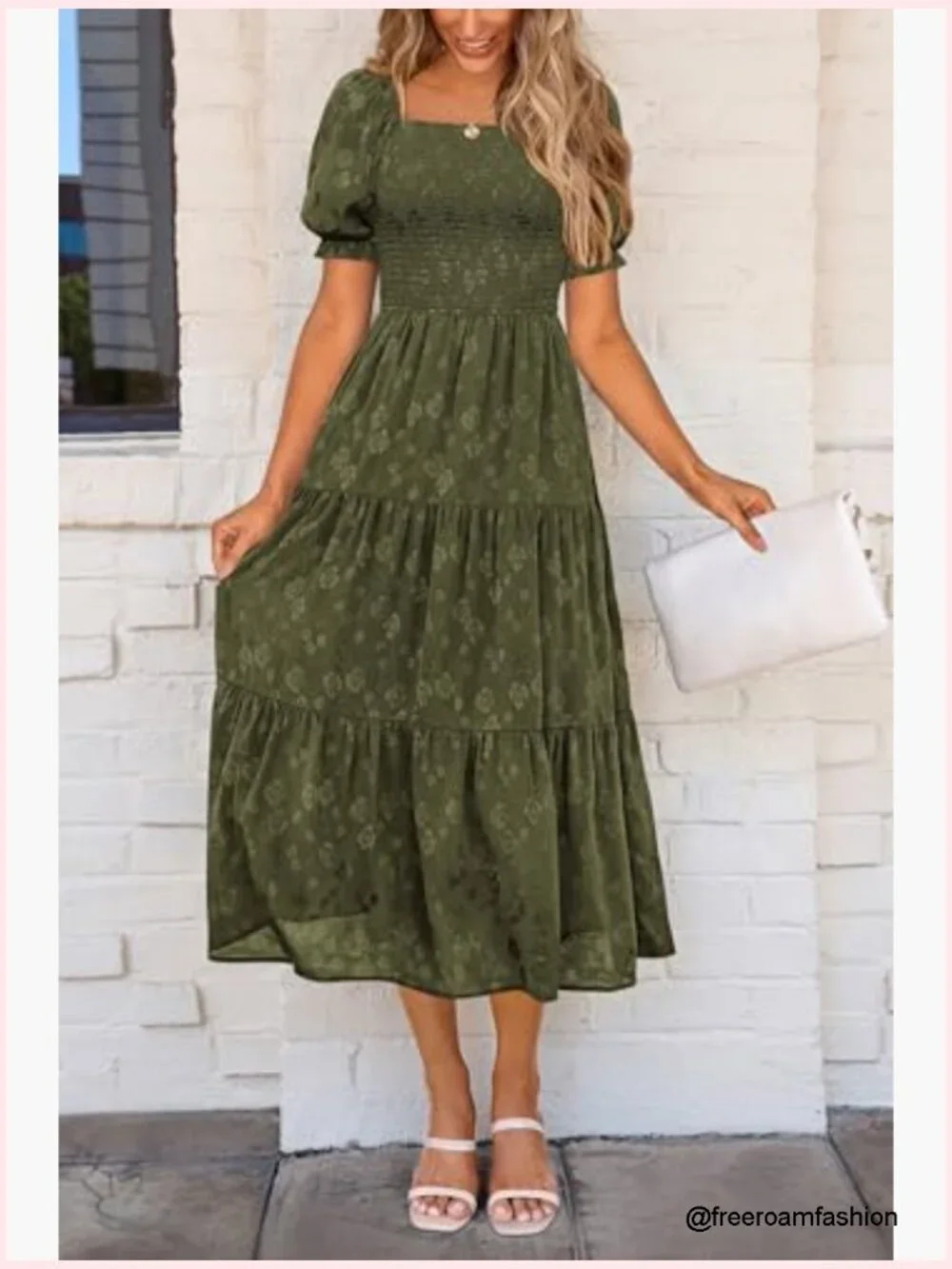 Summer Midi Dress Square Neck Short Sleeve Smocked A-Line Floral Boho - Picture 3 of 7